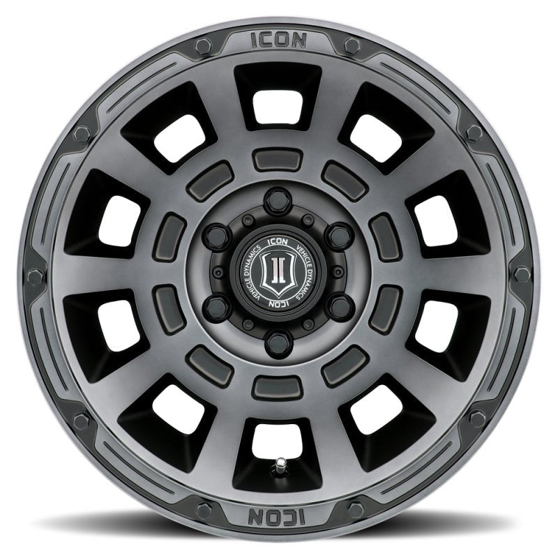 ICON Thrust 17x8.5 6x5.5 25mm Offset 5.75in BS 95.1mm Bore Smoked Satin Black Wheel Wheels offroad accessory | Iron Ridge Offroad