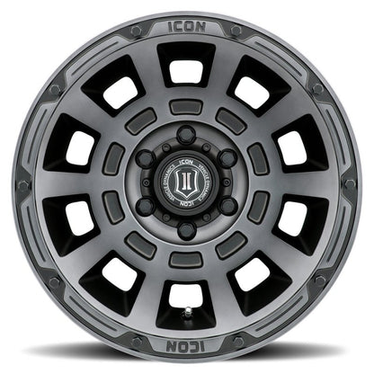 ICON Thrust 17x8.5 6x5.5 25mm Offset 5.75in BS 95.1mm Bore Smoked Satin Black Wheel Wheels offroad accessory | Iron Ridge Offroad