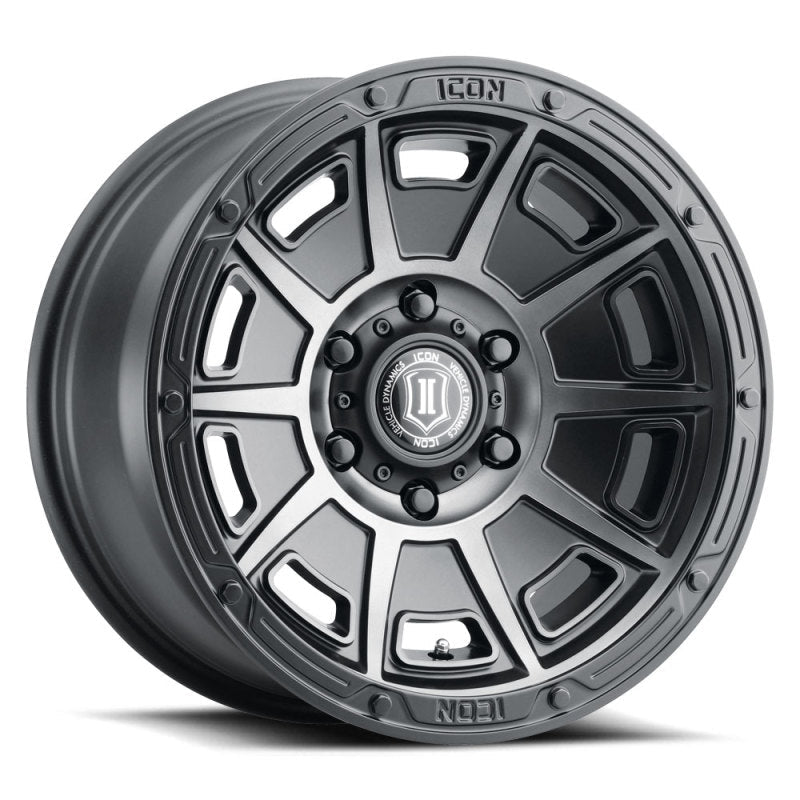 ICON Victory 17x8.5 6x5.5 0mm Offset 4.75in BS Smoked Satin Black Tint Wheel Wheels offroad accessory | Iron Ridge Offroad