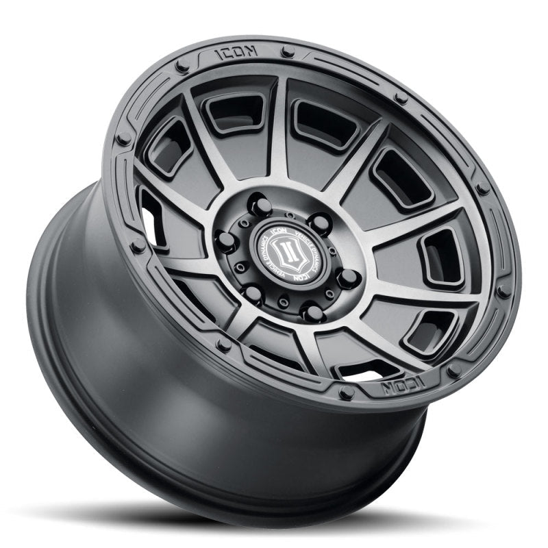 ICON Victory 17x8.5 6x5.5 0mm Offset 4.75in BS Smoked Satin Black Tint Wheel Wheels offroad accessory | Iron Ridge Offroad