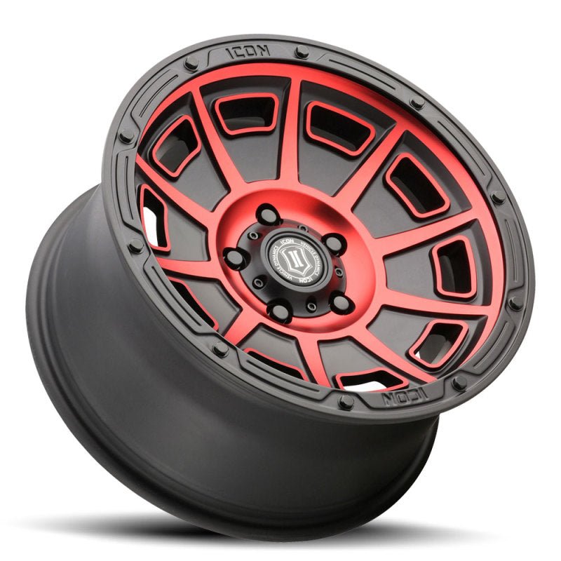 ICON Victory17x8.5 6x5.5 0mm Offset 4.75in BS Satin Black w/Red Tint Wheel Wheels offroad accessory | Iron Ridge Offroad