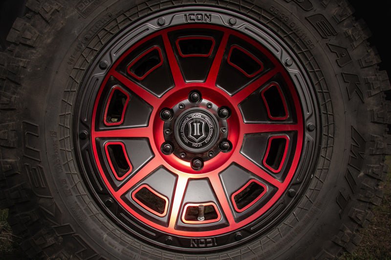 ICON Victory17x8.5 6x5.5 0mm Offset 4.75in BS Satin Black w/Red Tint Wheel Wheels offroad accessory | Iron Ridge Offroad
