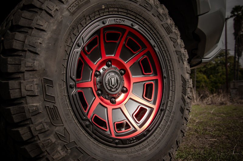 ICON Victory17x8.5 6x5.5 0mm Offset 4.75in BS Satin Black w/Red Tint Wheel Wheels offroad accessory | Iron Ridge Offroad
