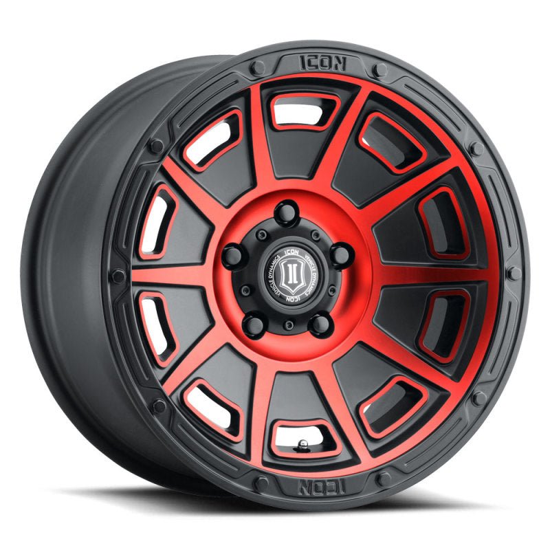 ICON Victory17x8.5 6x5.5 0mm Offset 4.75in BS Satin Black w/Red Tint Wheel Wheels offroad accessory | Iron Ridge Offroad