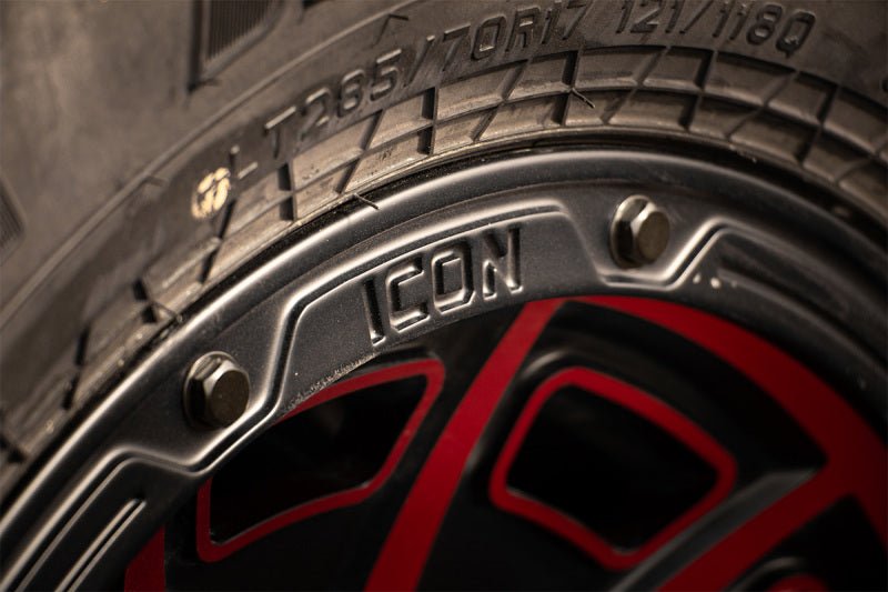 ICON Victory17x8.5 6x5.5 0mm Offset 4.75in BS Satin Black w/Red Tint Wheel Wheels offroad accessory | Iron Ridge Offroad