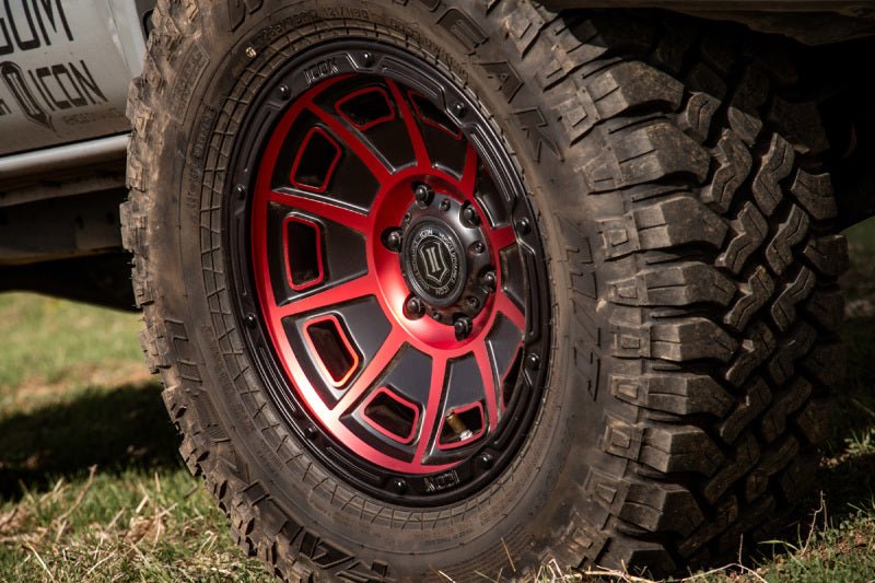 ICON Victory17x8.5 6x5.5 0mm Offset 4.75in BS Satin Black w/Red Tint Wheel Wheels offroad accessory | Iron Ridge Offroad