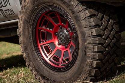 ICON Victory17x8.5 6x5.5 0mm Offset 4.75in BS Satin Black w/Red Tint Wheel Wheels offroad accessory | Iron Ridge Offroad