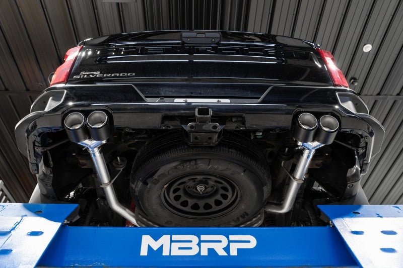 MBRP 2.5in Dual Split Rear Cat-Back | Chevy Silverado 1500 6.2L 19-21 (S50053CF) Exhaust, Mufflers & Tips offroad accessory | Iron Ridge Offroad