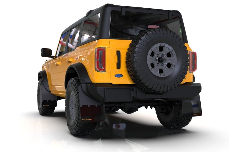 Rally Armor Mud Flaps|Orange Logo - 2021+ Ford Bronco w/ Steel Bumper / No Rock Rails Body Armor & Protection offroad accessory | Iron Ridge Offroad